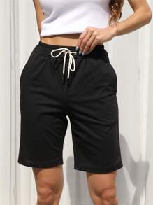 Flirla Drawstring Waist Slant Pocket Shorts - Black - View 6