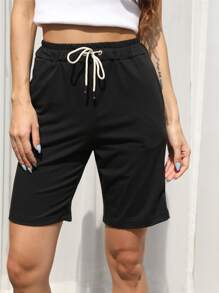 Flirla Drawstring Waist Slant Pocket Shorts - Black - View 7