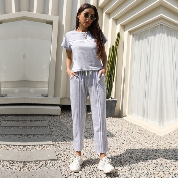 

Tape Panel Raglan Sleeve Tee & Drawstring Waist Sweatpants, Light grey