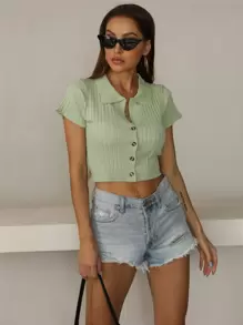 Button Front Ribbed Crop Top - Mint Green - View 1