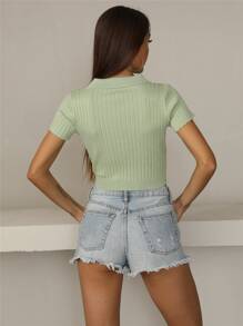 Button Front Ribbed Crop Top - Mint Green - View 2