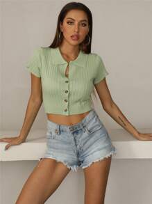 Button Front Ribbed Crop Top - Mint Green - View 5