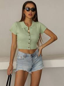 Button Front Ribbed Crop Top - Mint Green - View 7