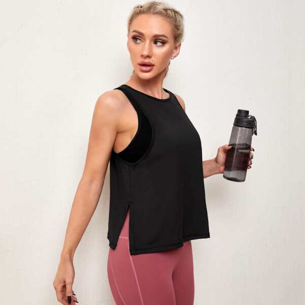 

Solid Side Split Sports Tank Top, Black