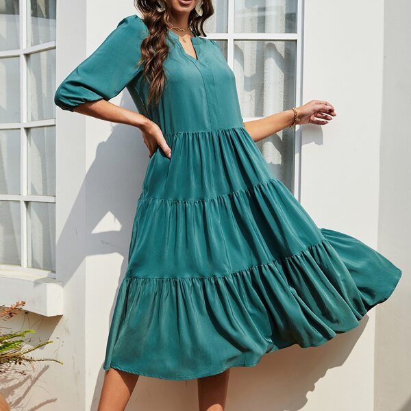 

Notch Neck Flounce Hem Smock Dress, Dark green