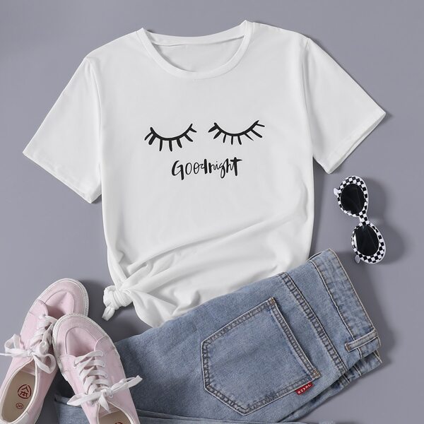 

Letter & Eyelash Print Round Neck Tee, White