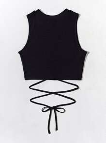 EMERY ROSE Lace Up Waist Tank Top - Black - View 2