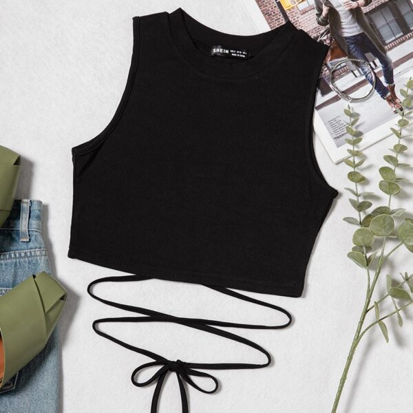 

Lace Up Waist Tank Top, Black