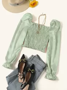 鐘形袖打褶緞面短版上衣 - 薄荷綠 - 查看 1