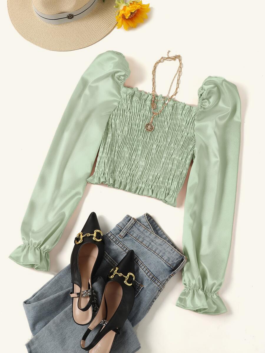 鐘形袖打褶緞面短版上衣 - 薄荷綠 - 查看 1