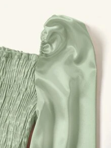 鐘形袖打褶緞面短版上衣 - 薄荷綠 - 查看 5