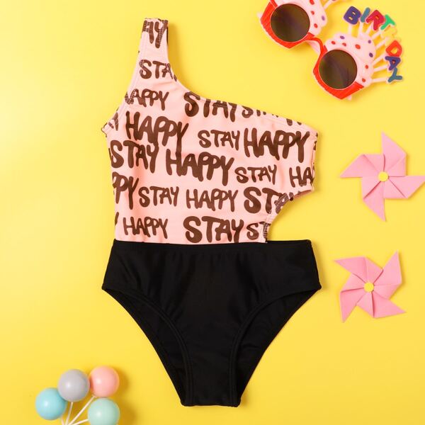 

Toddler Girls Letter Graphic One Shoulder One Piece Swimsuit, Pink