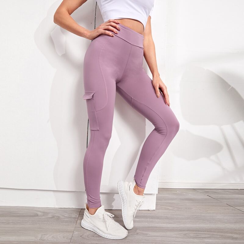 

Flap Pocket Patched Sports Leggings, Mauve purple