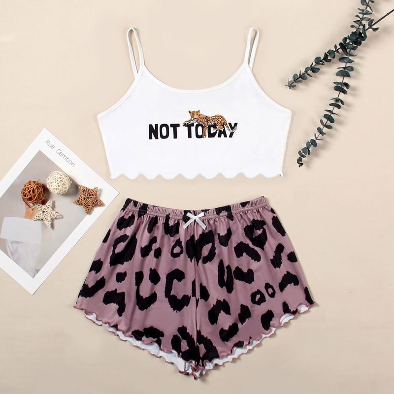 

Letter And Leopard Print Pajama Set, Multicolor