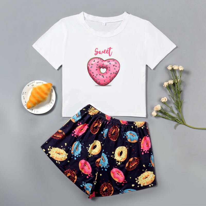 

Cartoon And Letter Graphic Pajama Set, Multicolor
