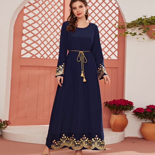

Embroidery Tassel Self Tie Dress, Navy blue