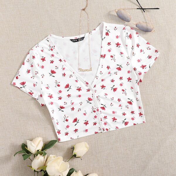 

Buttoned Front Floral Print Tee, White