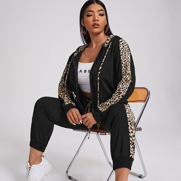 

Plus Contrast Leopard Print Drawstring Sports Hoodie & Sweatpants, Black