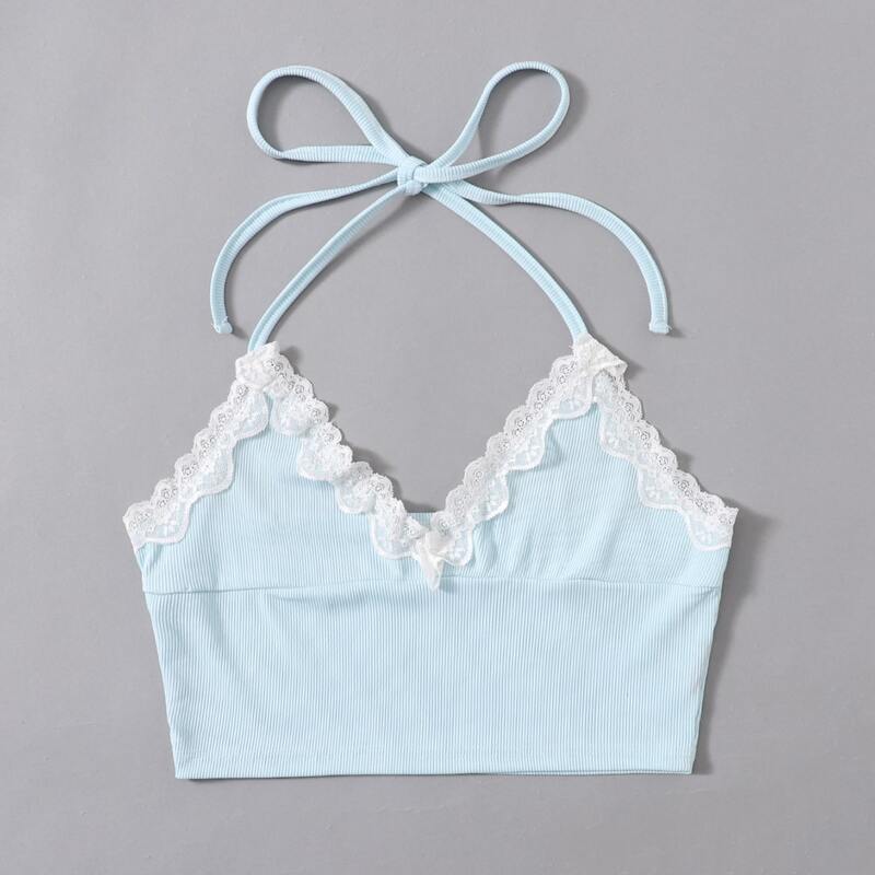 

Lace Insert Crop Halter Top, Baby blue