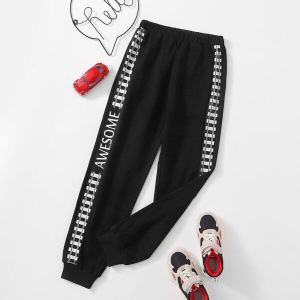 

Boys Elastic Waist Letter Graphic Contrast Sideseam Joggers, Black
