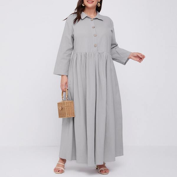 

Plus Solid Button Front Shirt Smock Dress, Grey