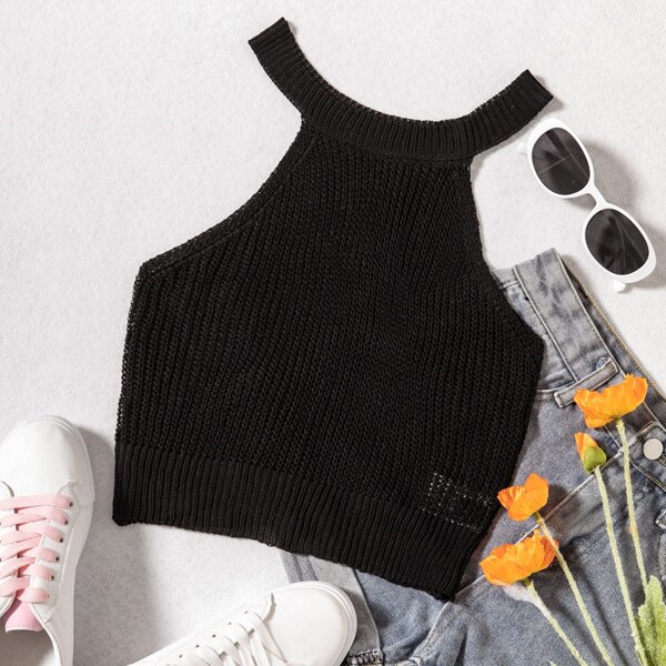 

Halterneck Solid Knit Top, Black