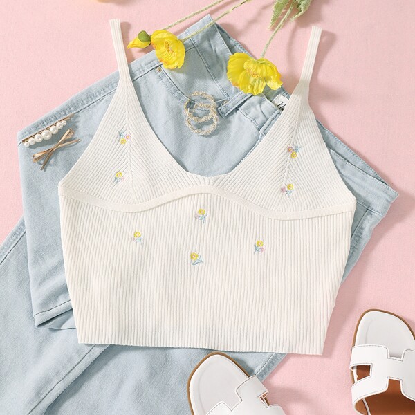 

Embroidery Detail Cami Knit Top, White
