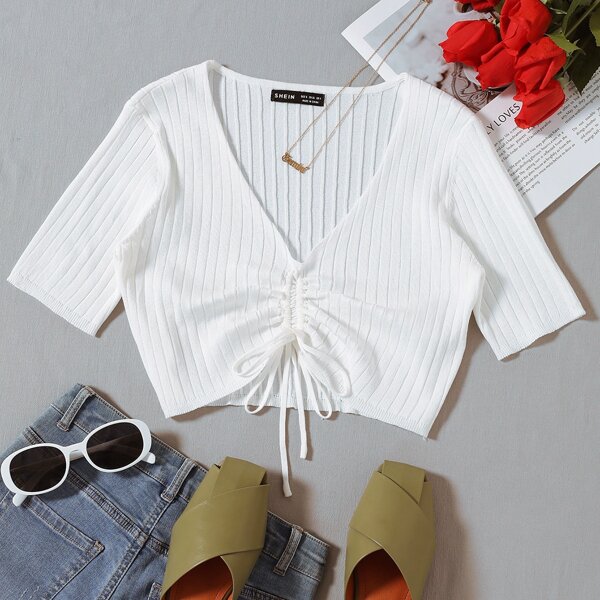 

Drawstring Front Rib Knit Top, White