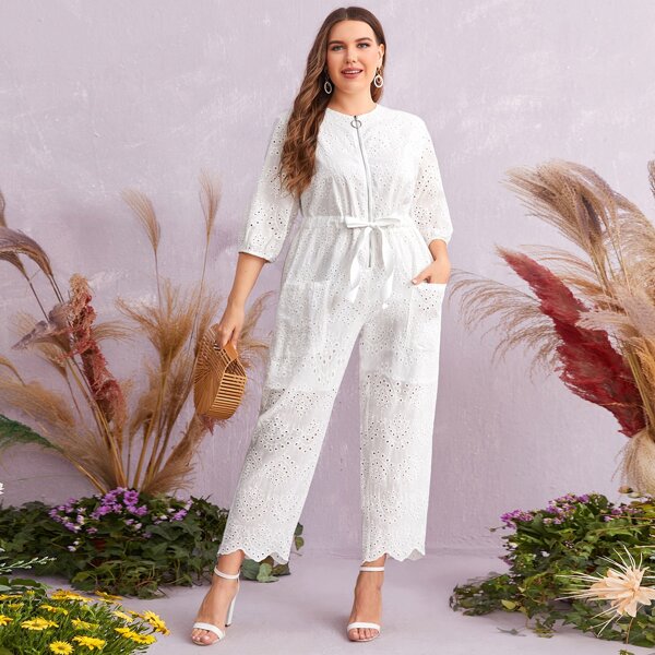 

Plus O-ring Zipper Tie Front Patch Pocket Schiffy Jumpsuit, White