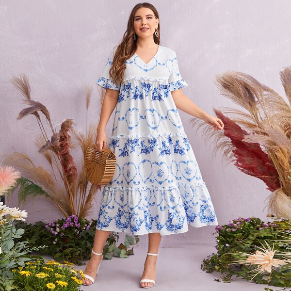 

Plus Ruffle Trim Layered Frilled Floral Print Dress, Blue and white