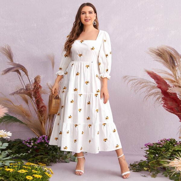

Plus Floral Embroidered Flounce Sleeve Dress, White