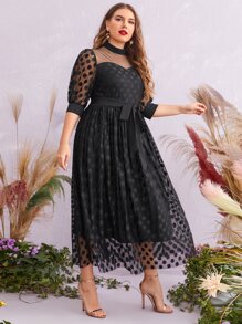 SHEIN Belle Talla grande Vestido de dama de honor con estampado de lunares de malla con cinturón - Negro - Ver 1