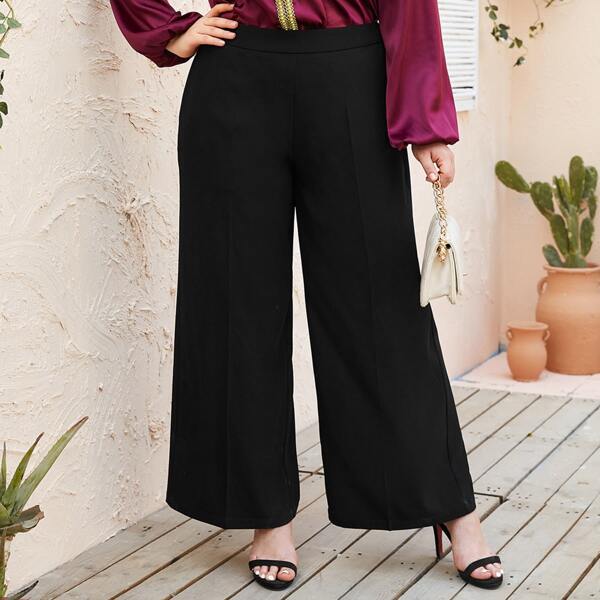 

Plus Solid Wide Leg Pants, Black