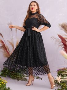 SHEIN Belle Talla grande Vestido de dama de honor con estampado de lunares de malla con cinturón - Negro - Ver 4