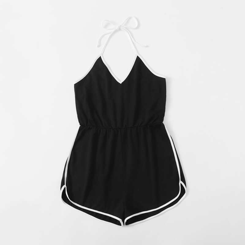 

Contrast Binding Halter Romper, Black