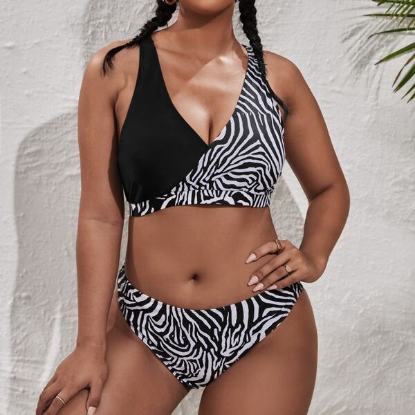 

Plus Zebra Striped Bikini Swimsuit, Black and white