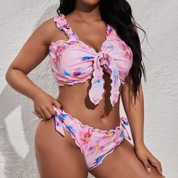 

Plus Floral Lettuce Trim Knot Front Bikini Swimsuit, Multicolor