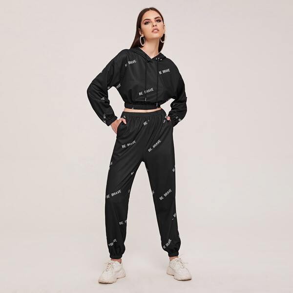 

Letter Graphic Drawstring Hoodie & Sweatpants Set, Black