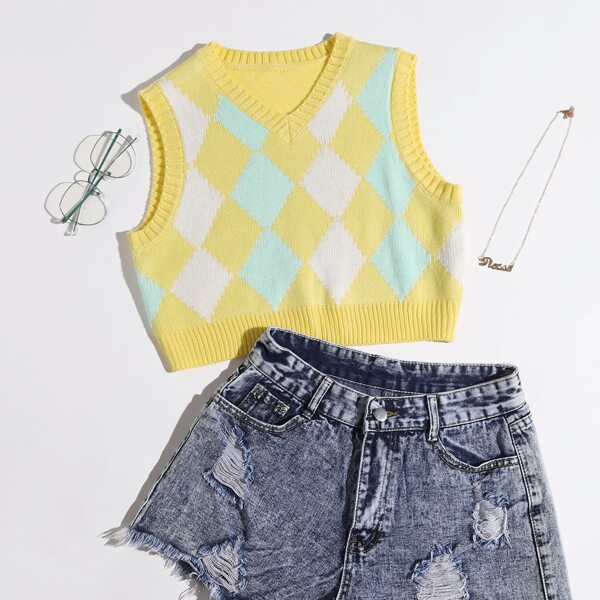 

V Neck Argyle Pattern Sweater Vest, Yellow