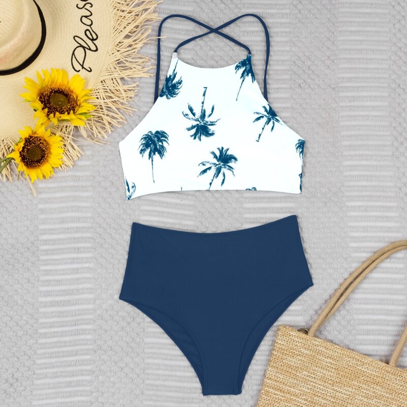 

Palm Tree Pattern Bikini Swimsuit, Blue and white
