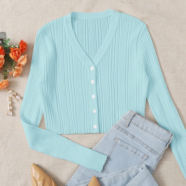 

Button Front Ribbed Knit Cardigan, Pastel mint blue
