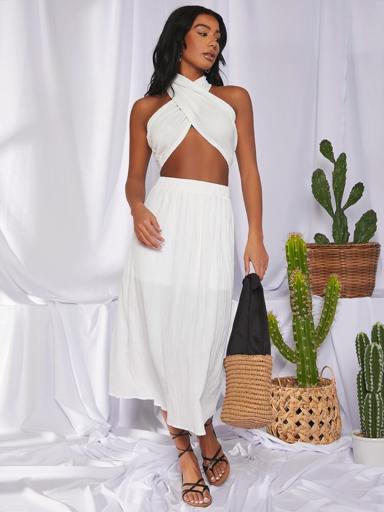 SHEIN BAE Top halter corto cruzado con lazo en la espalda - Blanco - Añade 5