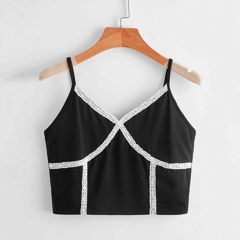 

Contrast Lace Crop Cami, Black