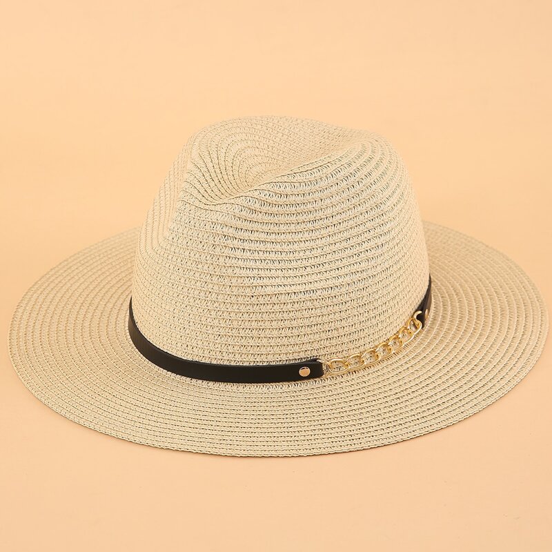 

Chain Decor Straw Hat, Beige