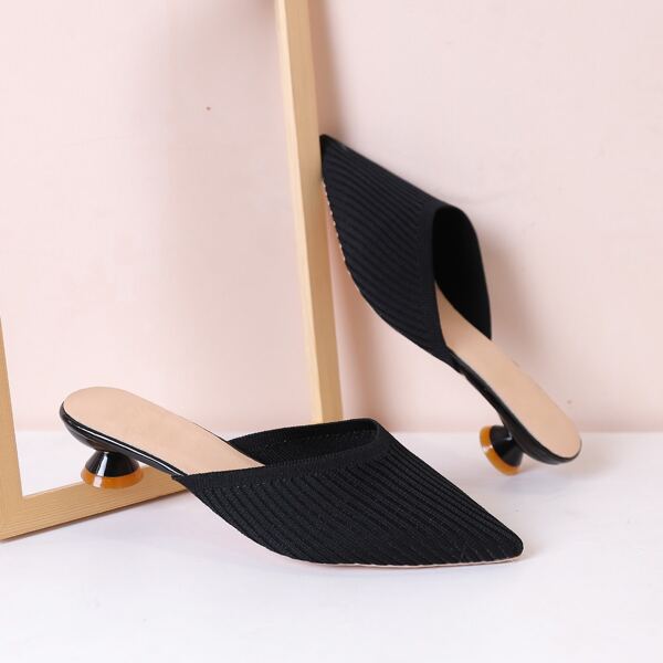

Point Toe Sculptural Heeled Mule Heels, Black