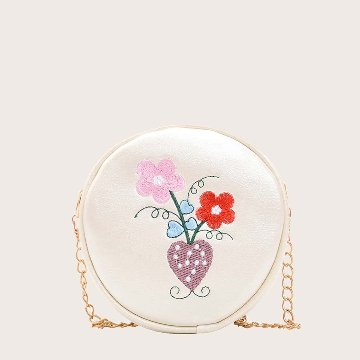 

Floral Embroidery Round Crossbody Bag, White