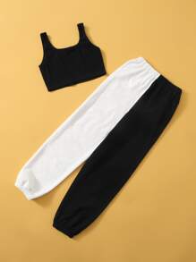 SHEIN Girls Butterfly Print Crop Tank Top & Spliced Joggers Set - Black and White - View 2