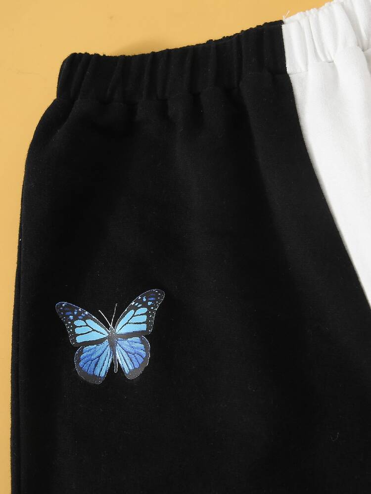 SHEIN Girls Butterfly Print Crop Tank Top & Spliced Joggers Set - Black and White - View 3