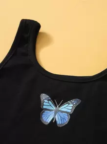 SHEIN Girls Butterfly Print Crop Tank Top & Spliced Joggers Set - Black and White - View 4