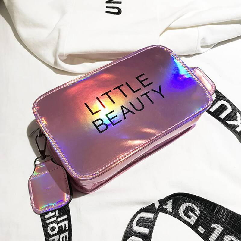 

Letter Graphic Holographic Crossbody Bag, Pink